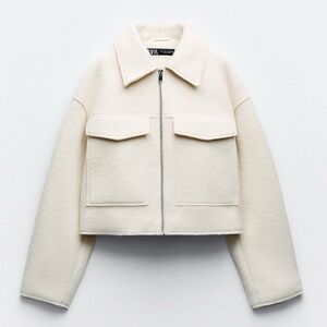 Zara Cropped Boucle Jacket Cream/Ecru | Size M